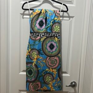 New never worn Blue and Yellow Sheath Midi Dress with Spaghetti Straps